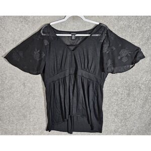 Torrid Top Womens Sz 1X Black Embroidered Rose Chiffon Raw Rolled Hem Whimsigoth